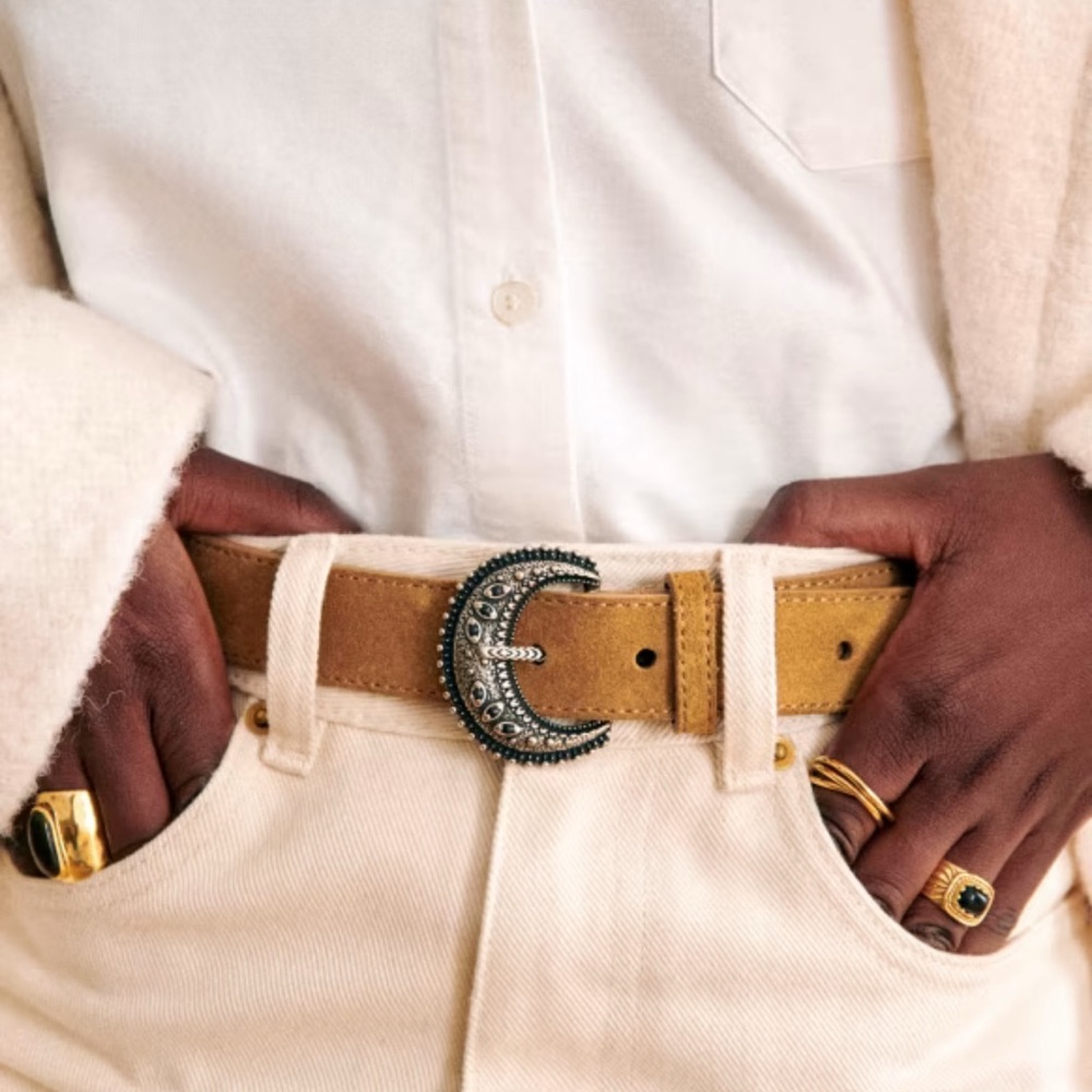 Sezane Suede Belt in Mustard Tan with Ornate Silver Buckle - Picture 2 of 6